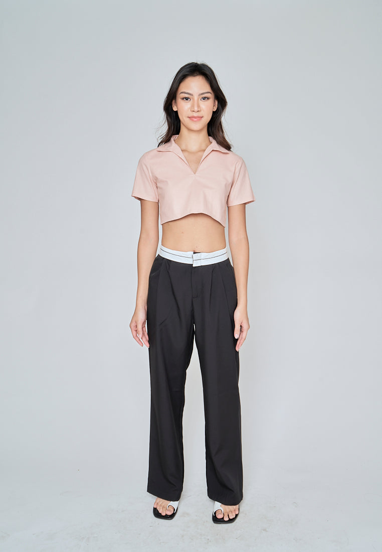 Kashira Pink Linen Collared V Neck Short Sleeves Crop Top