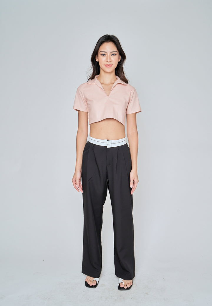 Kashira Pink Linen Collared V Neck Short Sleeves Crop Top