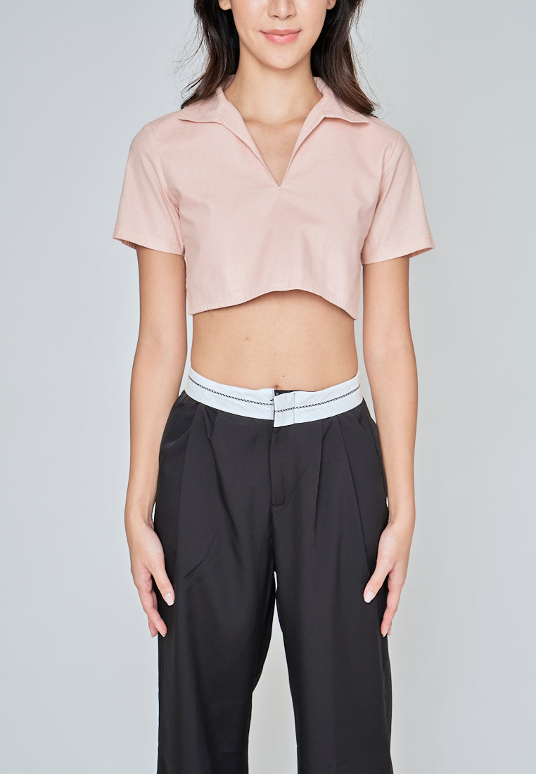 Kashira Pink Linen Collared V Neck Short Sleeves Crop Top