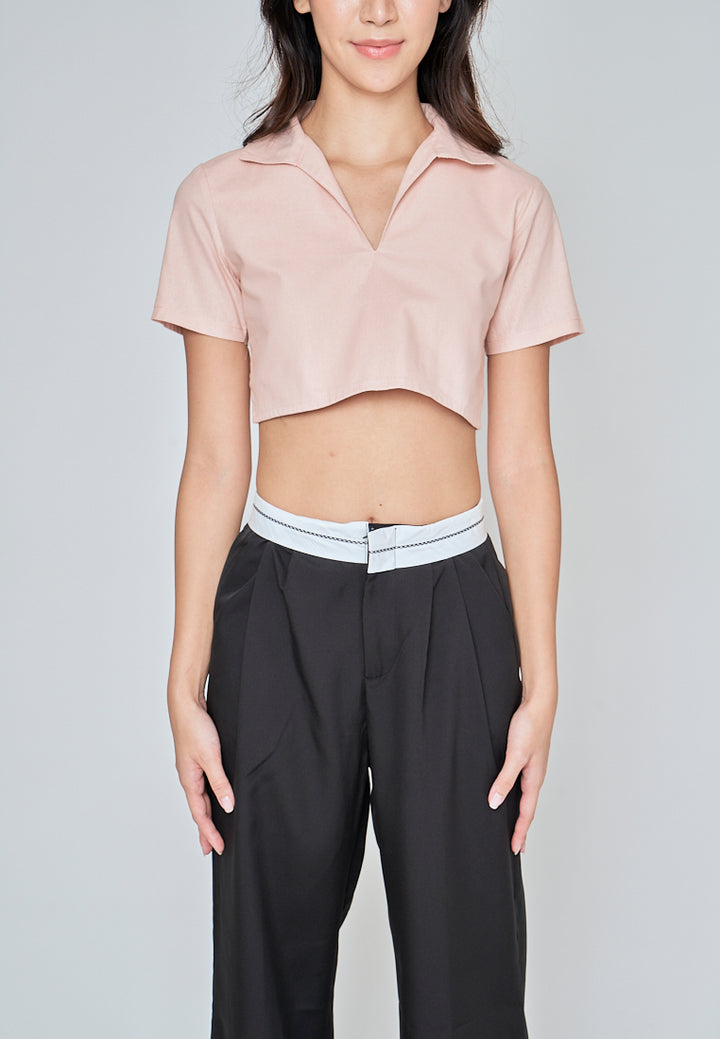 Kashira Pink Linen Collared V Neck Short Sleeves Crop Top