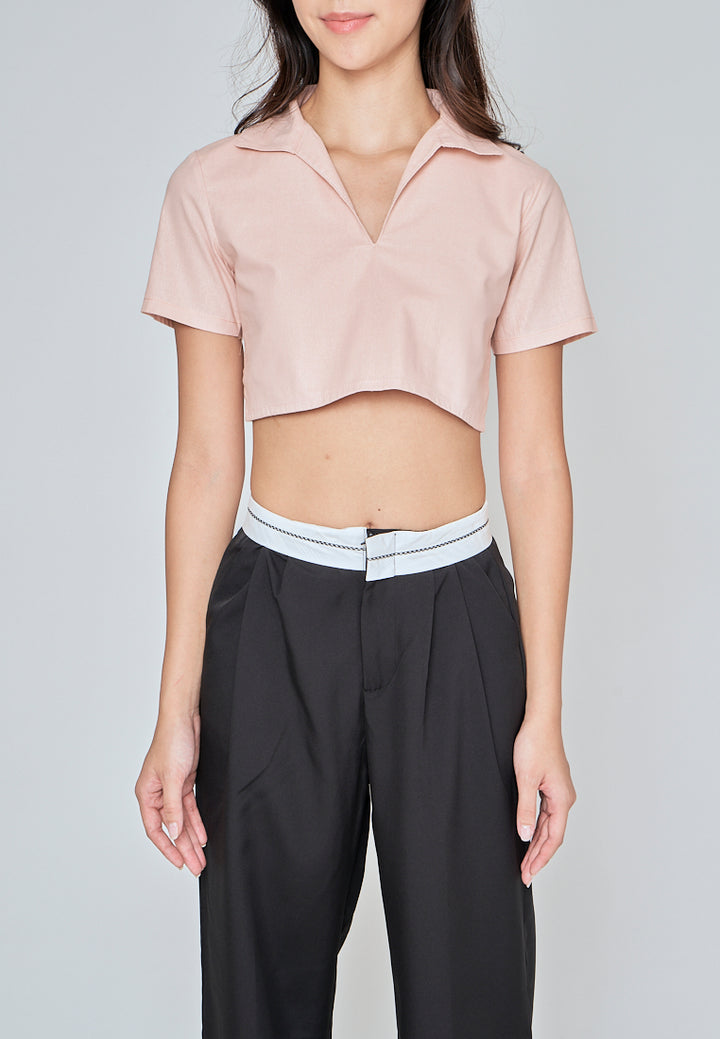 Kashira Pink Linen Collared V Neck Short Sleeves Crop Top