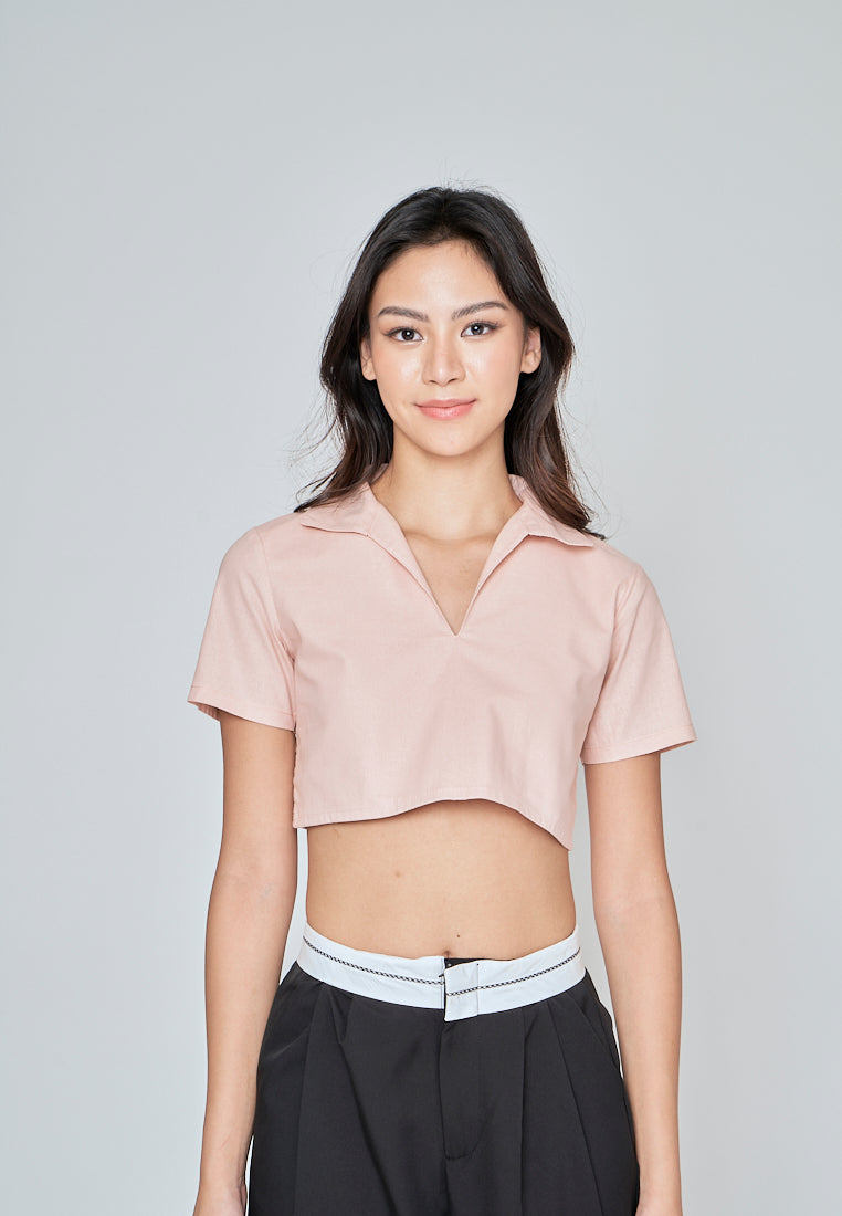 Kashira Pink Linen Collared V Neck Short Sleeves Crop Top