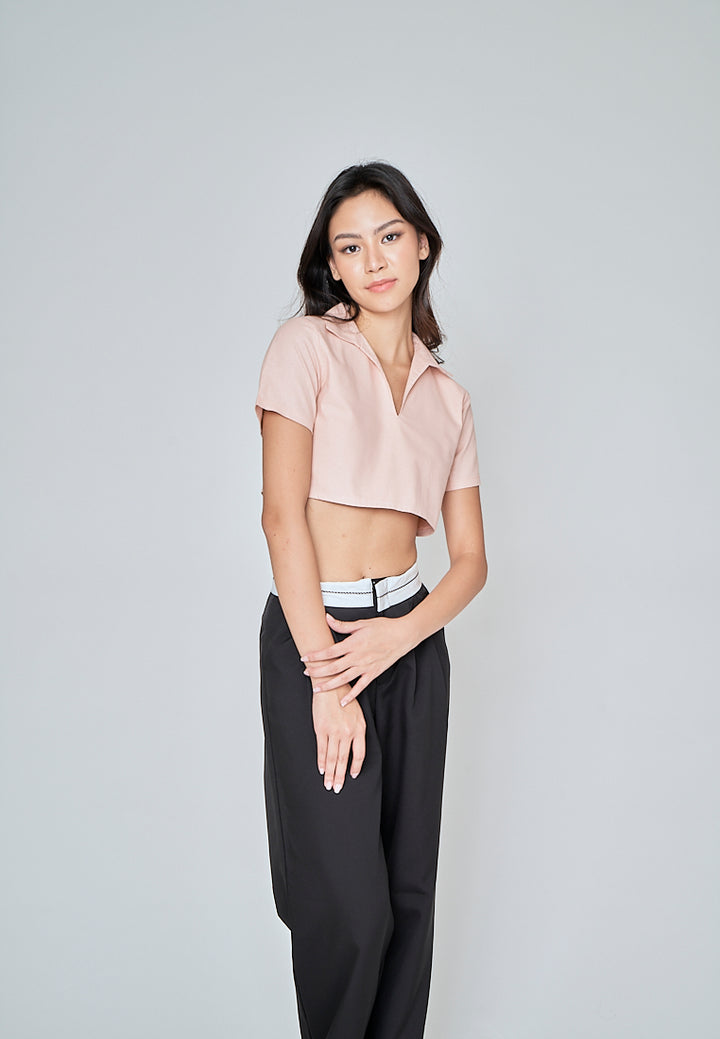 Kashira Pink Linen Collared V Neck Short Sleeves Crop Top