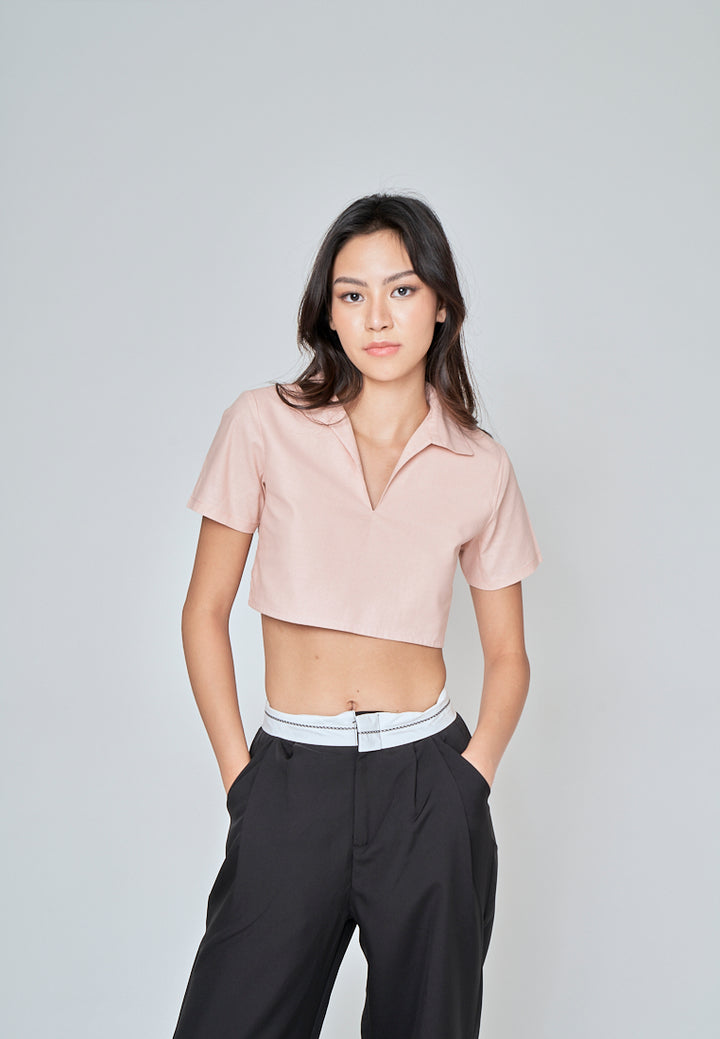 Kashira Pink Linen Collared V Neck Short Sleeves Crop Top