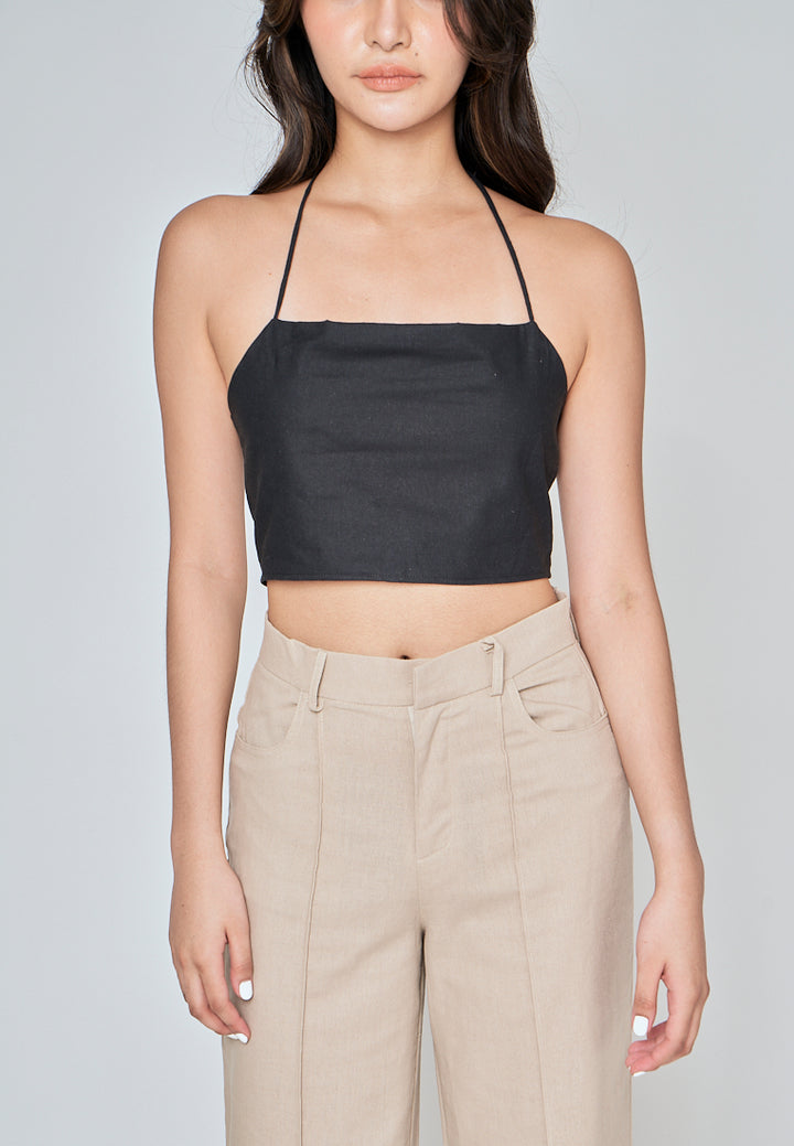Fumi Black Linen Sleeveless Self Tie Strap Zipper Back Top