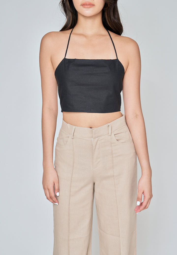 Fumi Black Linen Sleeveless Self Tie Strap Zipper Back Top