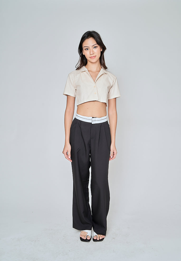 Jhil Off White Linen Collared Button Closure Short Sleeves Top