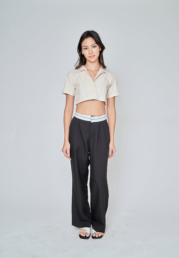 Jhil Off White Linen Collared Button Closure Short Sleeves Top