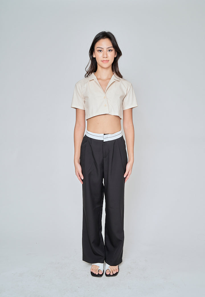Jhil Off White Linen Collared Button Closure Short Sleeves Top