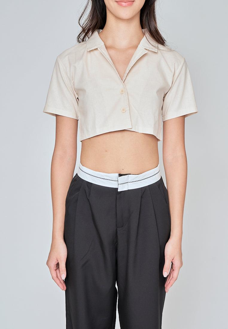 Jhil Off White Linen Collared Button Closure Short Sleeves Top
