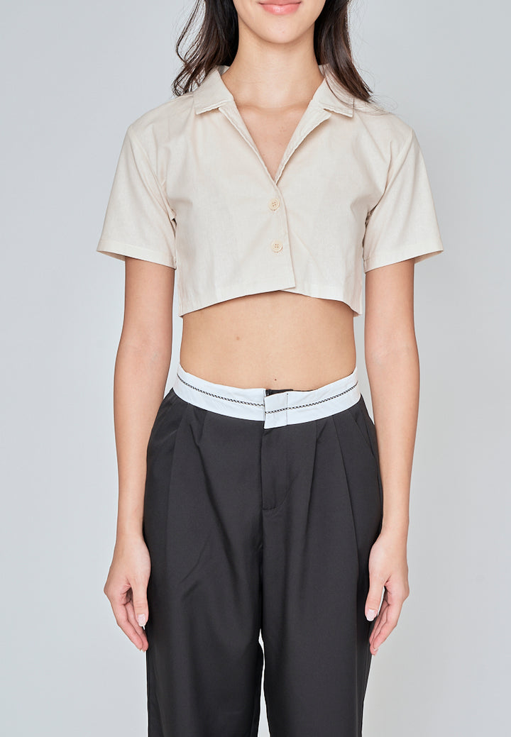 Jhil Off White Linen Collared Button Closure Short Sleeves Top