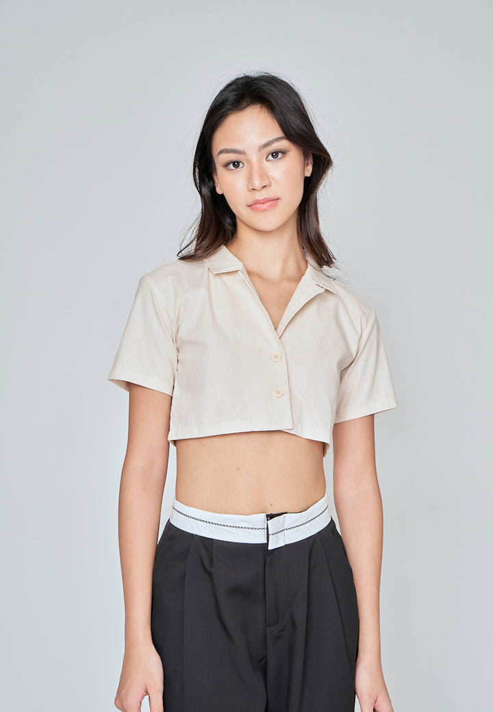 Jhil Off White Linen Collared Button Closure Short Sleeves Top