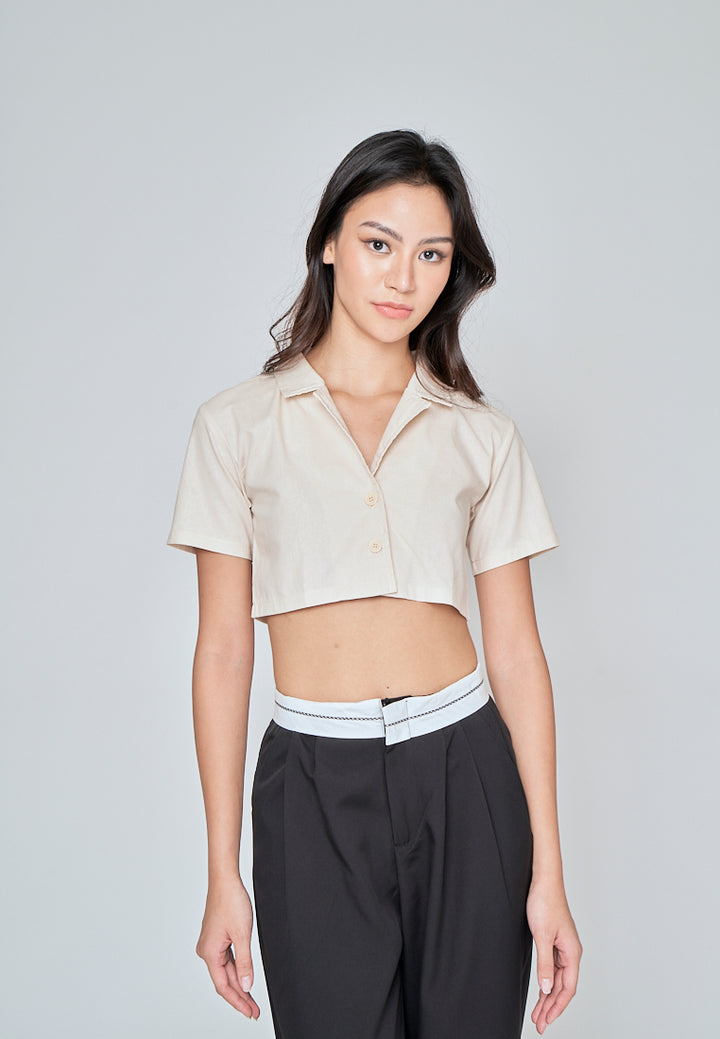 Jhil Off White Linen Collared Button Closure Short Sleeves Top