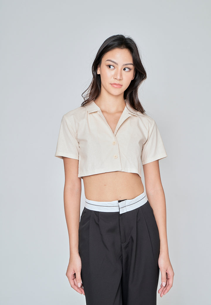 Jhil Off White Linen Collared Button Closure Short Sleeves Top