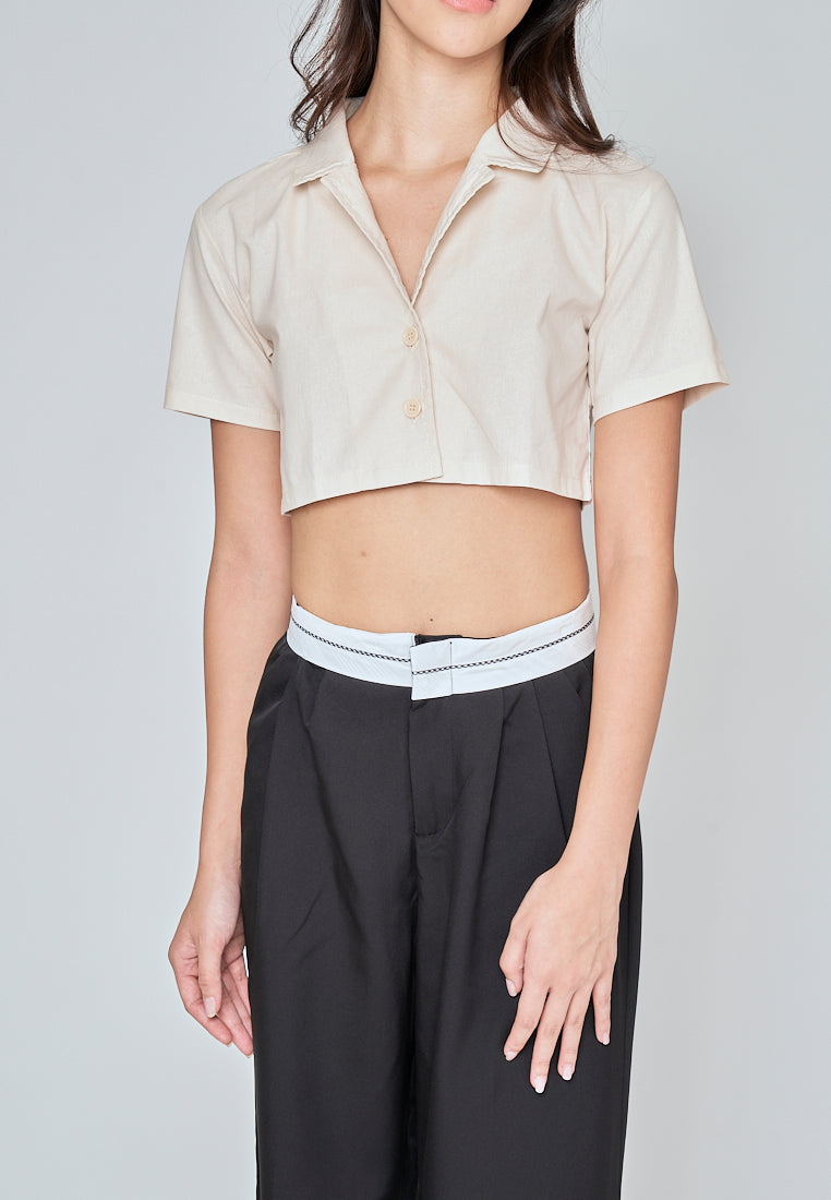 Jhil Off White Linen Collared Button Closure Short Sleeves Top