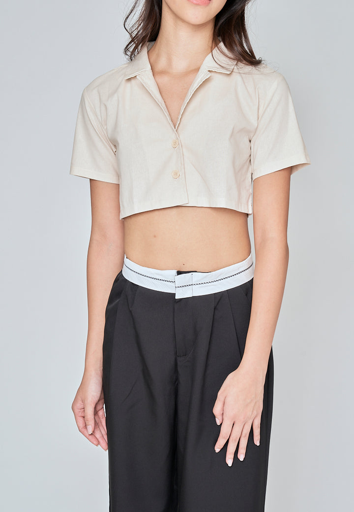Jhil Off White Linen Collared Button Closure Short Sleeves Top