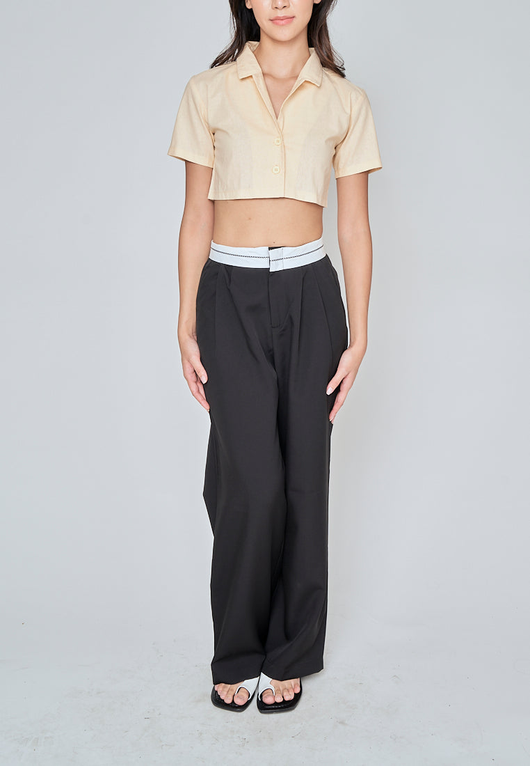 Jhil Beige Linen Collared Button Closure Short Sleeves Top