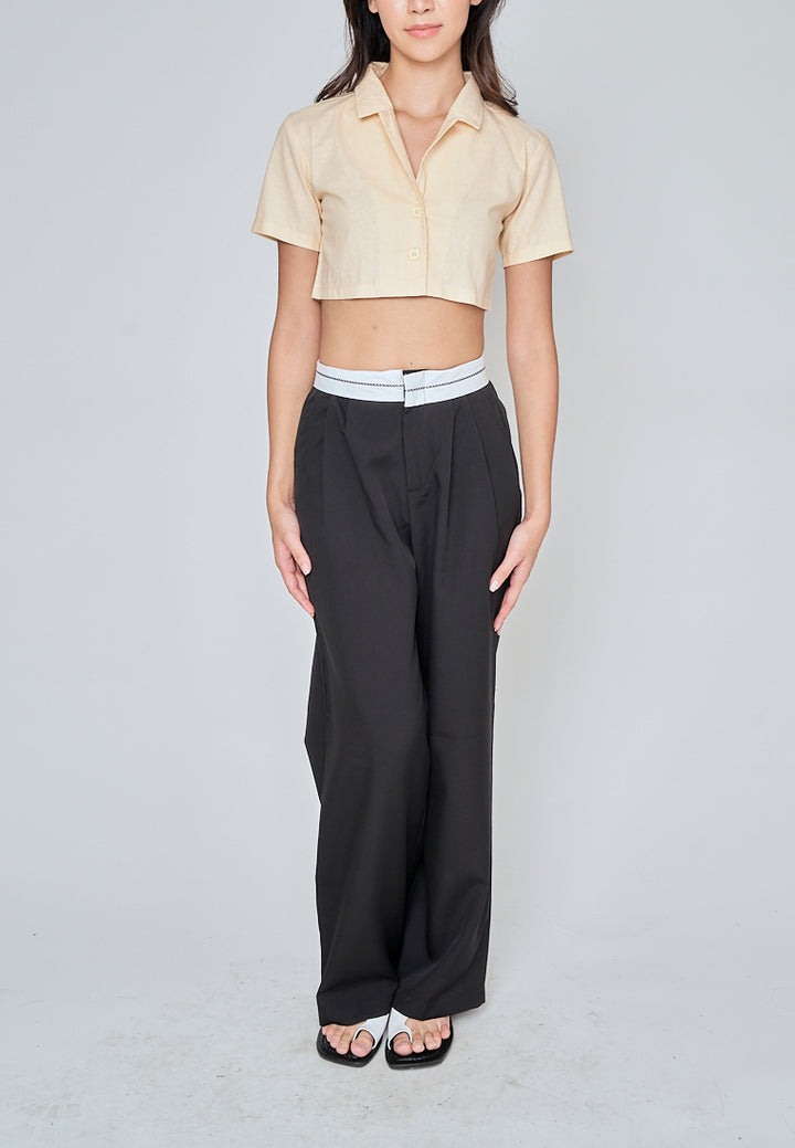 Jhil Beige Linen Collared Button Closure Short Sleeves Top
