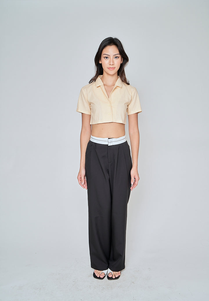 Jhil Beige Linen Collared Button Closure Short Sleeves Top