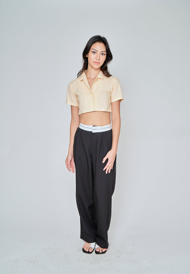 Jhil Beige Linen Collared Button Closure Short Sleeves Top
