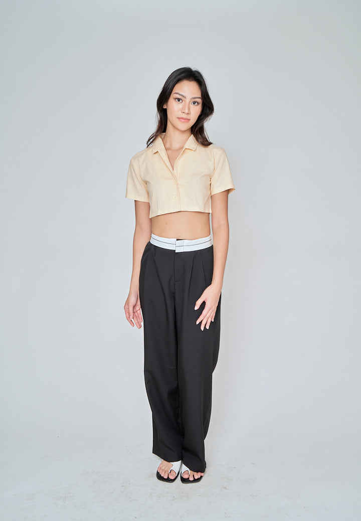 Jhil Beige Linen Collared Button Closure Short Sleeves Top