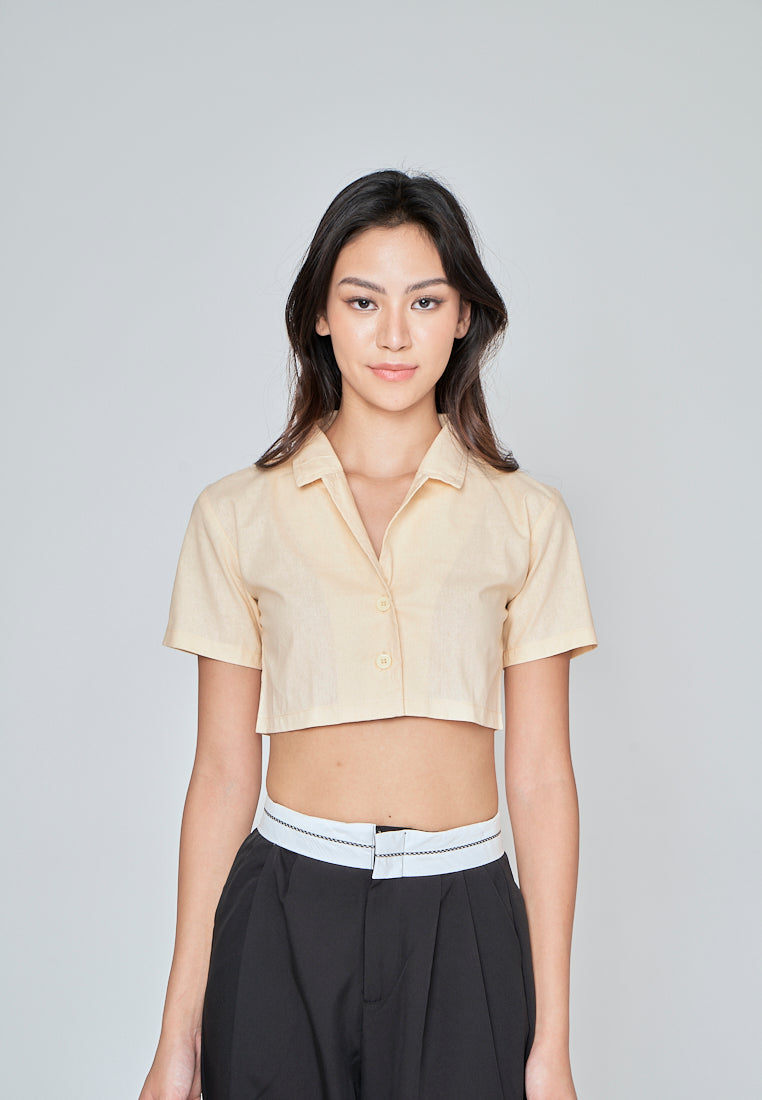 Jhil Beige Linen Collared Button Closure Short Sleeves Top