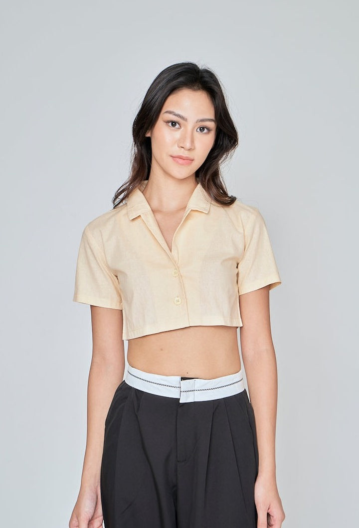 Jhil Beige Linen Collared Button Closure Short Sleeves Top