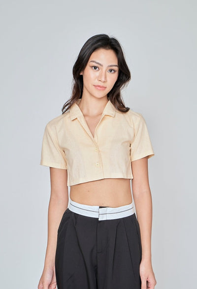 Jhil Beige Linen Collared Button Closure Short Sleeves Top