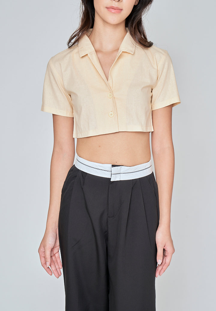 Jhil Beige Linen Collared Button Closure Short Sleeves Top