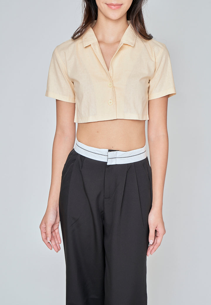 Jhil Beige Linen Collared Button Closure Short Sleeves Top