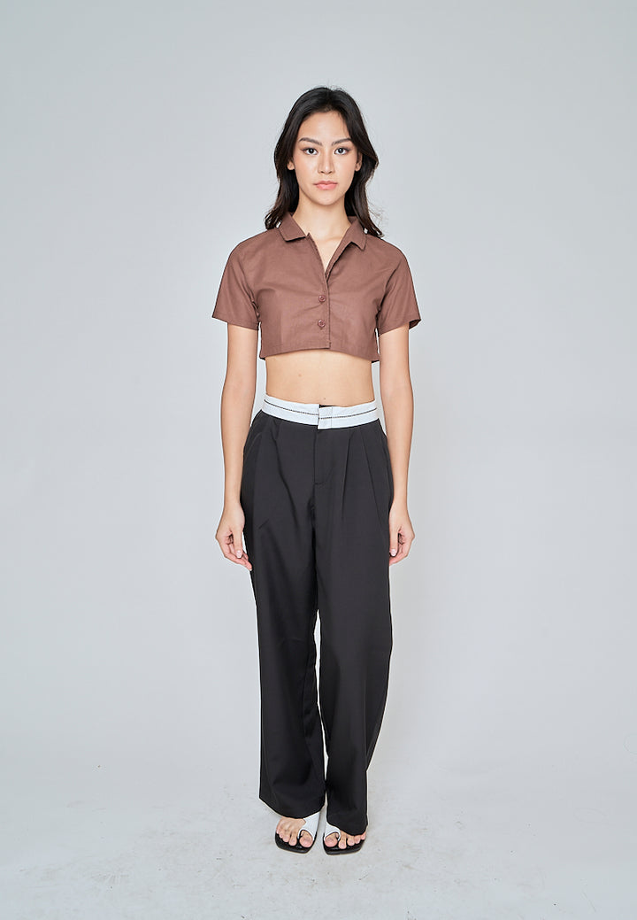Jhil Brown Linen Collared Button Closure Short Sleeves Top