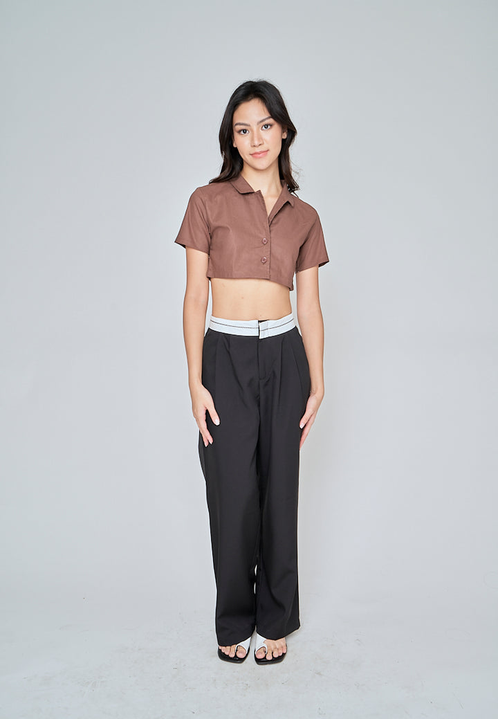 Jhil Brown Linen Collared Button Closure Short Sleeves Top