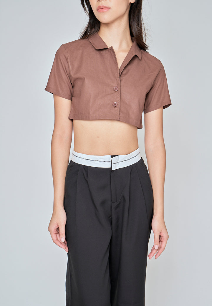 Jhil Brown Linen Collared Button Closure Short Sleeves Top
