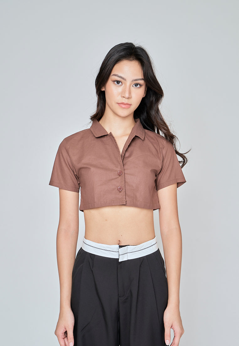 Jhil Brown Linen Collared Button Closure Short Sleeves Top
