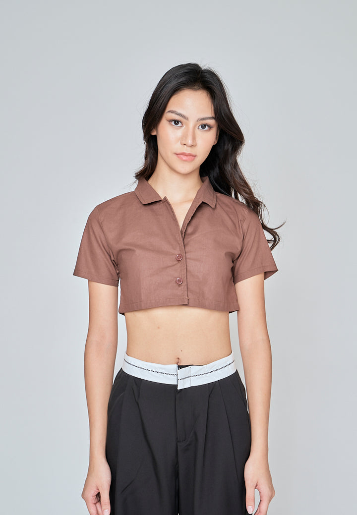 Jhil Brown Linen Collared Button Closure Short Sleeves Top