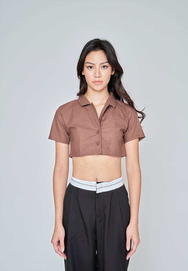 Jhil Brown Linen Collared Button Closure Short Sleeves Top