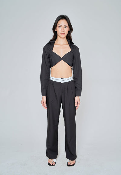 Jorren Black Zipper Fly White Waistline Pleated Staright Cut Trouser