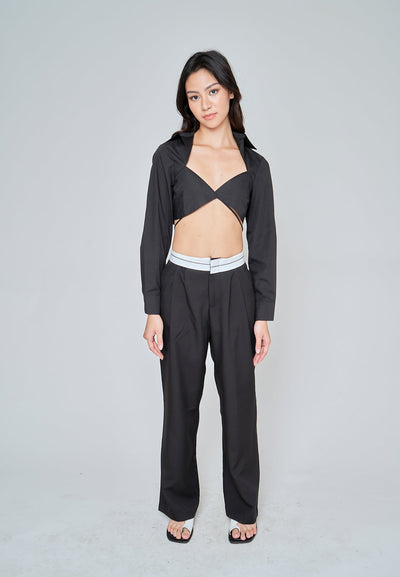 Jorren Black Zipper Fly White Waistline Pleated Staright Cut Trouser