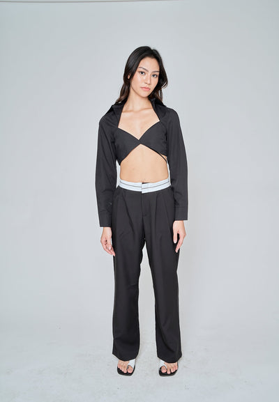 Jorren Black Zipper Fly White Waistline Pleated Staright Cut Trouser