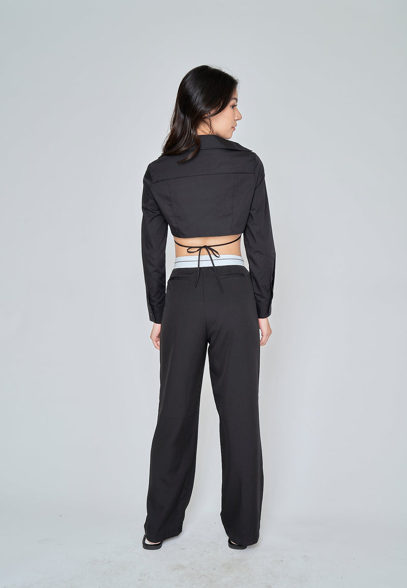 Jorren Black Zipper Fly White Waistline Pleated Staright Cut Trouser