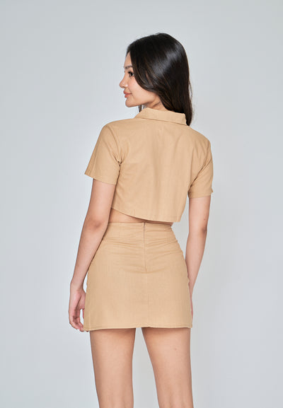 Kiyo Light Brown Linen Zipper Back Side Slit Mini Skirt
