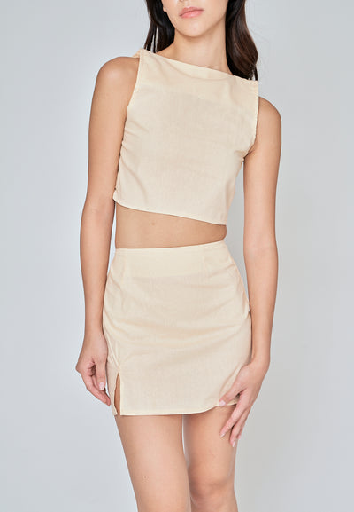 Kiyo Beige Linen Zipper Back Side Slit Mini Skirt