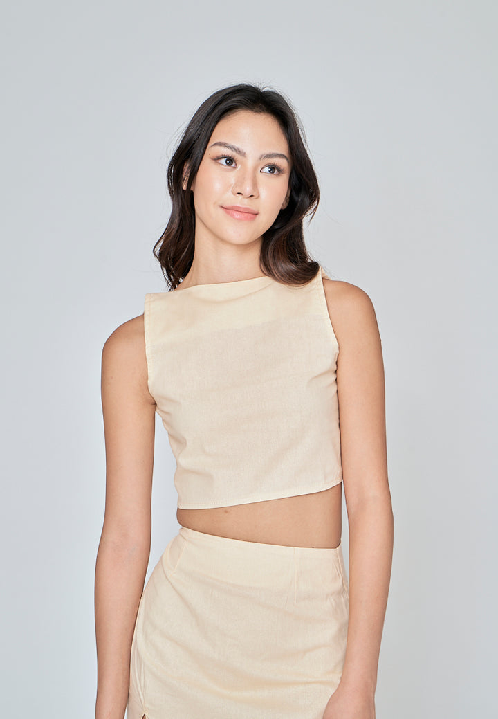 Hiromi Beige Linen Square Neck Sleeveless Top