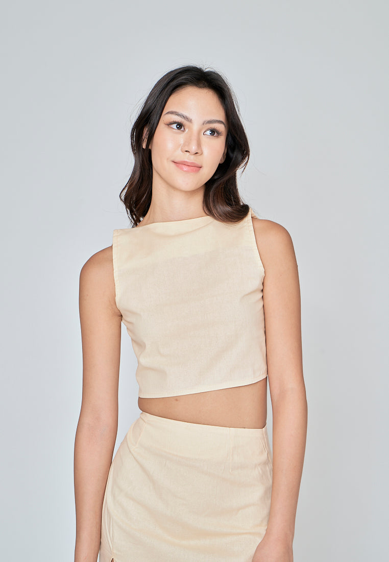 Hiromi Beige Linen Square Neck Sleeveless Top