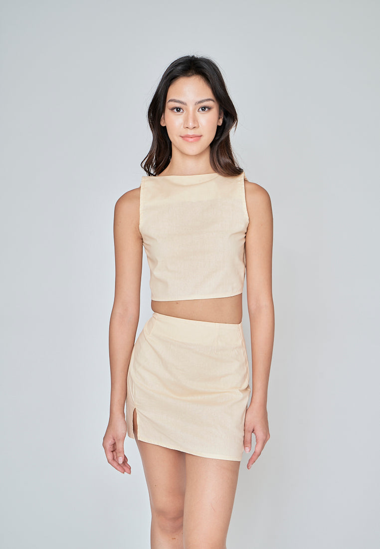 Kiyo Beige Linen Zipper Back Side Slit Mini Skirt