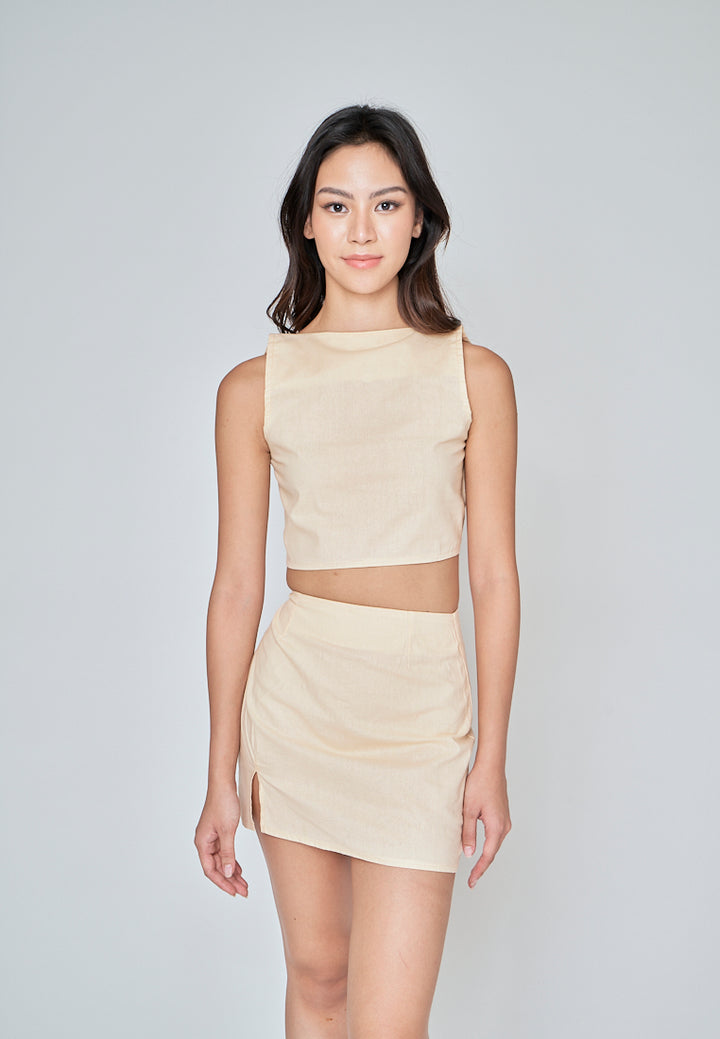 Kiyo Beige Linen Zipper Back Side Slit Mini Skirt