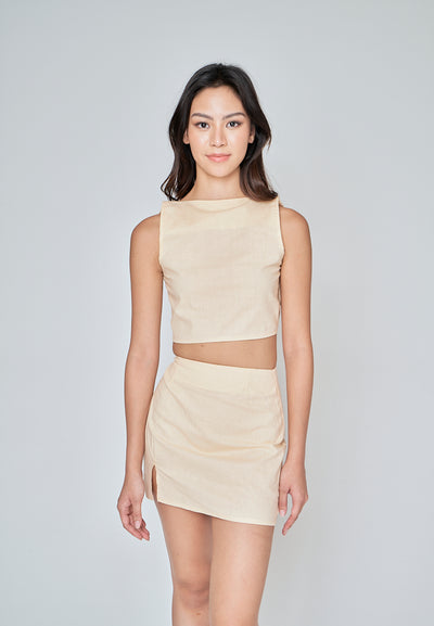 Kiyo Beige Linen Zipper Back Side Slit Mini Skirt