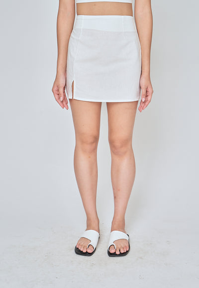 Kiyo White Linen Zipper Back Side Slit Mini Skirt
