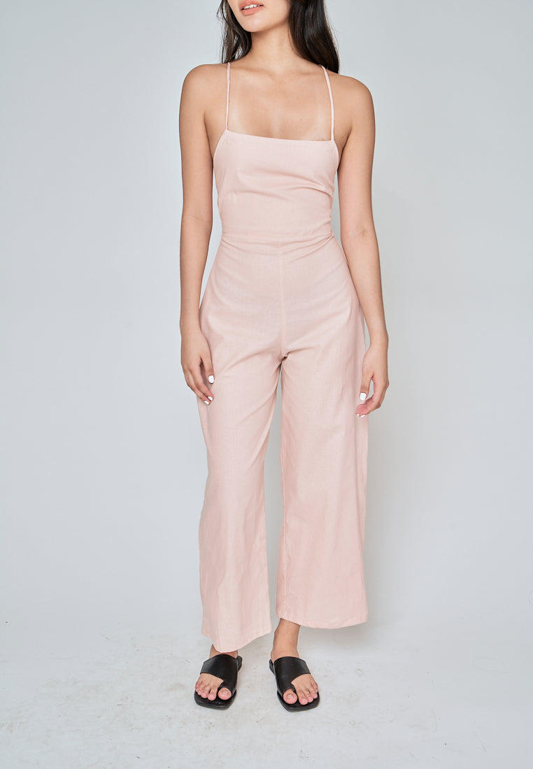 Rafaela Pink Linen Sleeveless Criss Cross Zipper Back Jumpsuit