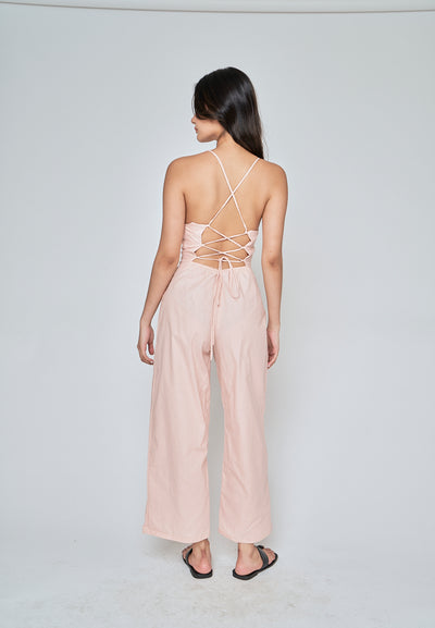 Rafaela Pink Linen Sleeveless Criss Cross Zipper Back Jumpsuit